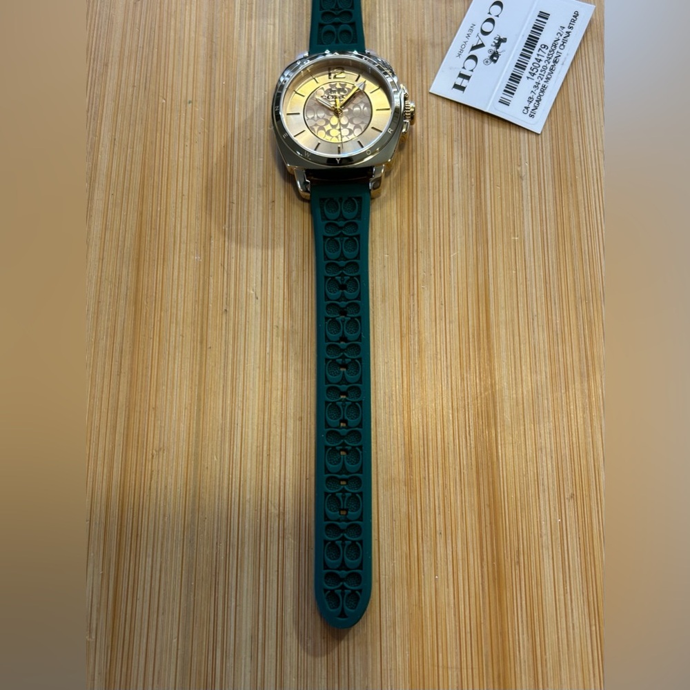 Coach Boyfriend Watch With 34mm Golden Face & Green Rubber Strap - Picture 9 of 12